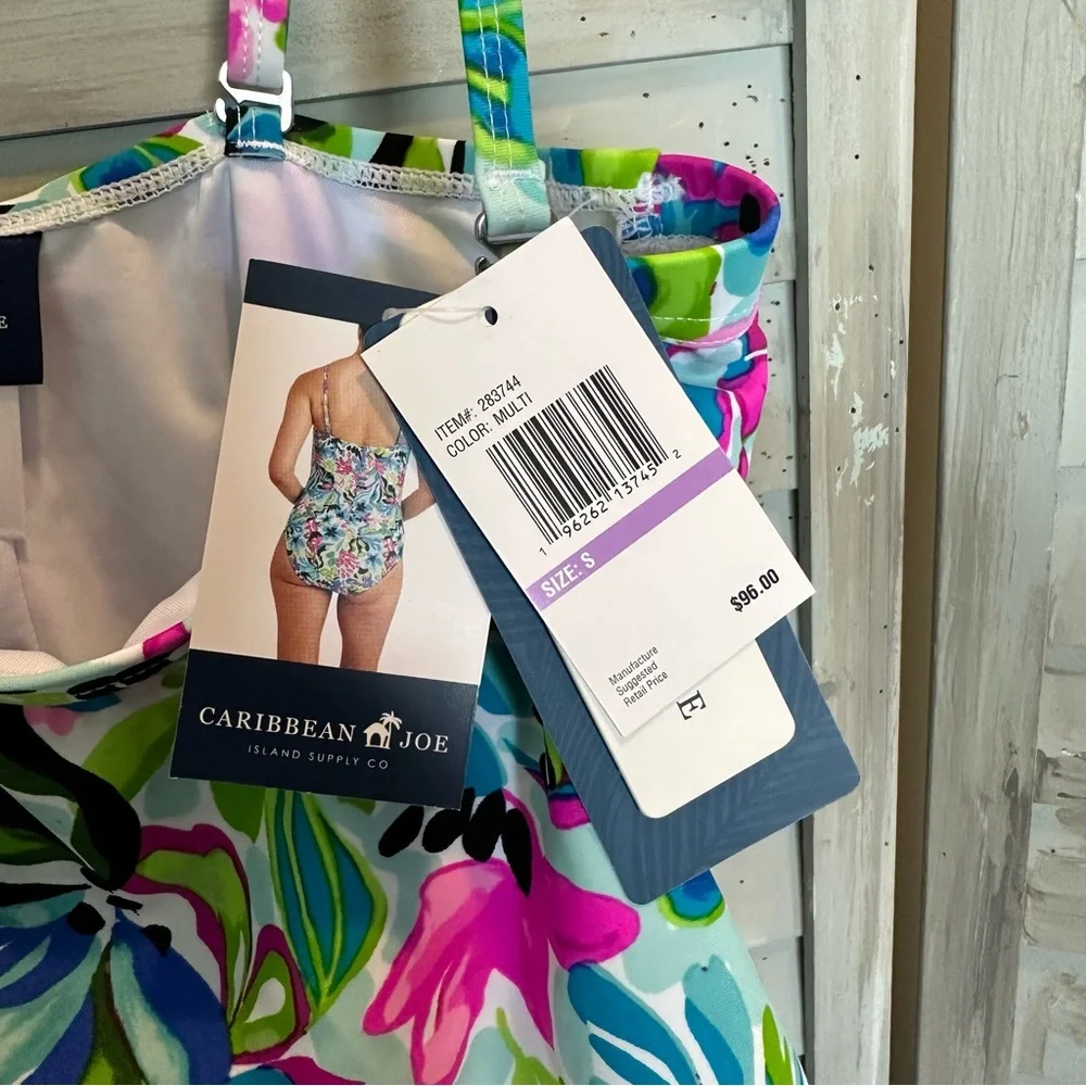 Caribbean Joe tiered bandeau 1 piece swimsuit removable straps floral Small NWT